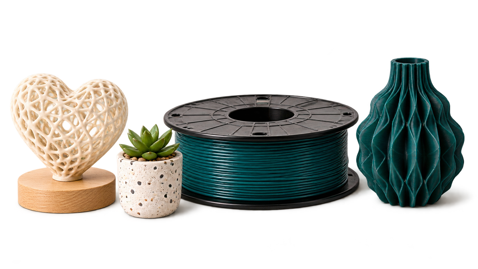 3DReimagined decor pieces beside a teal filament spool